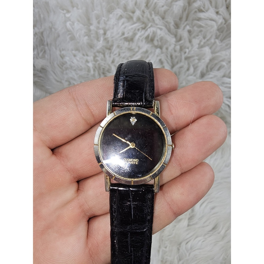 Ladies Diamond Quartz Dress Round Gold Tone Black Leather Band Analog Watch E8